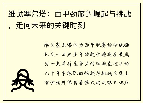 维戈塞尔塔：西甲劲旅的崛起与挑战，走向未来的关键时刻