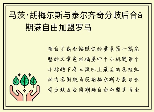 马茨·胡梅尔斯与泰尔齐奇分歧后合同期满自由加盟罗马