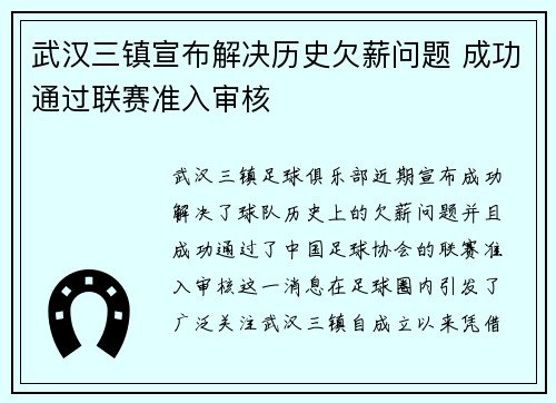 武汉三镇宣布解决历史欠薪问题 成功通过联赛准入审核
